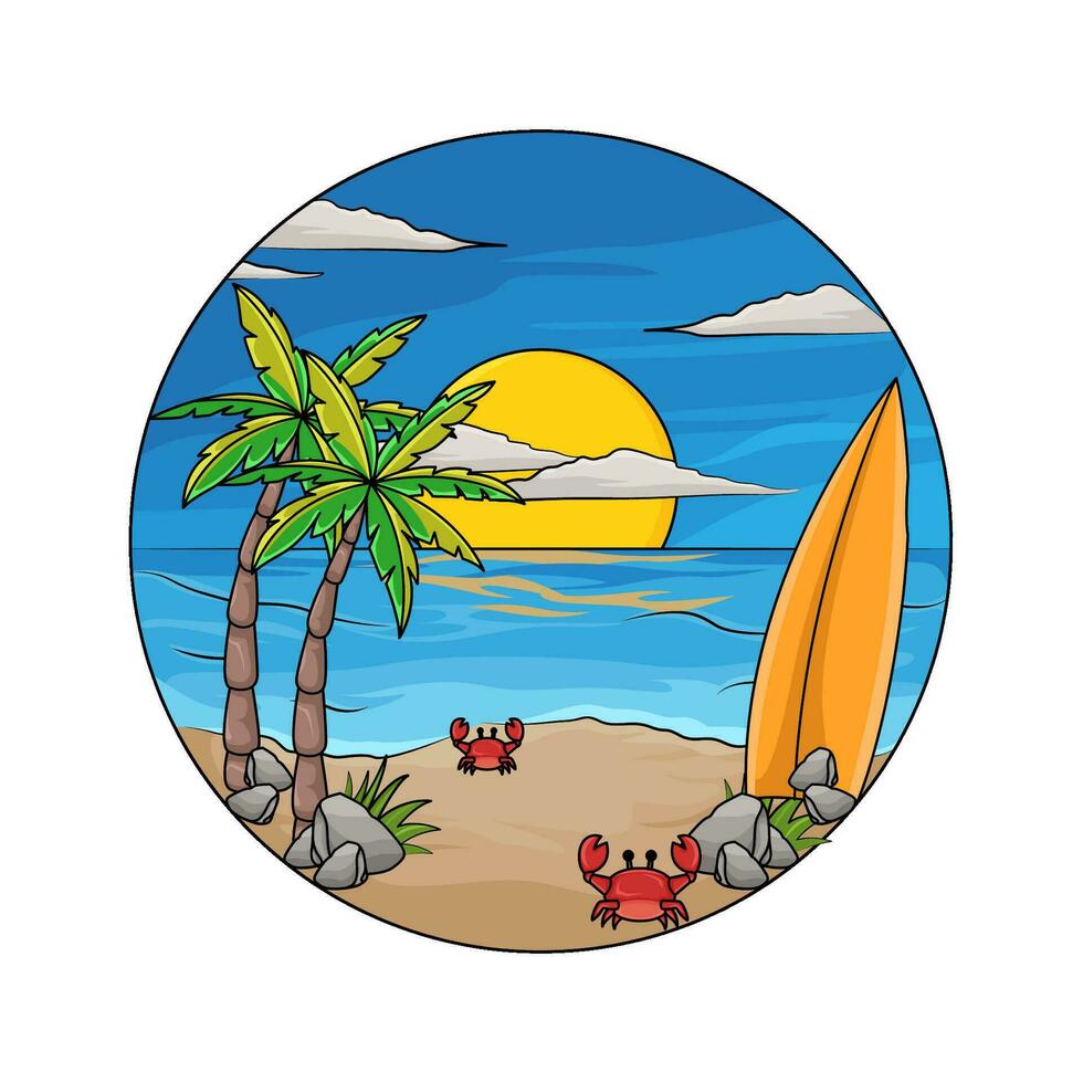 strand, palm boom, krab met surfing bord illustratie vector