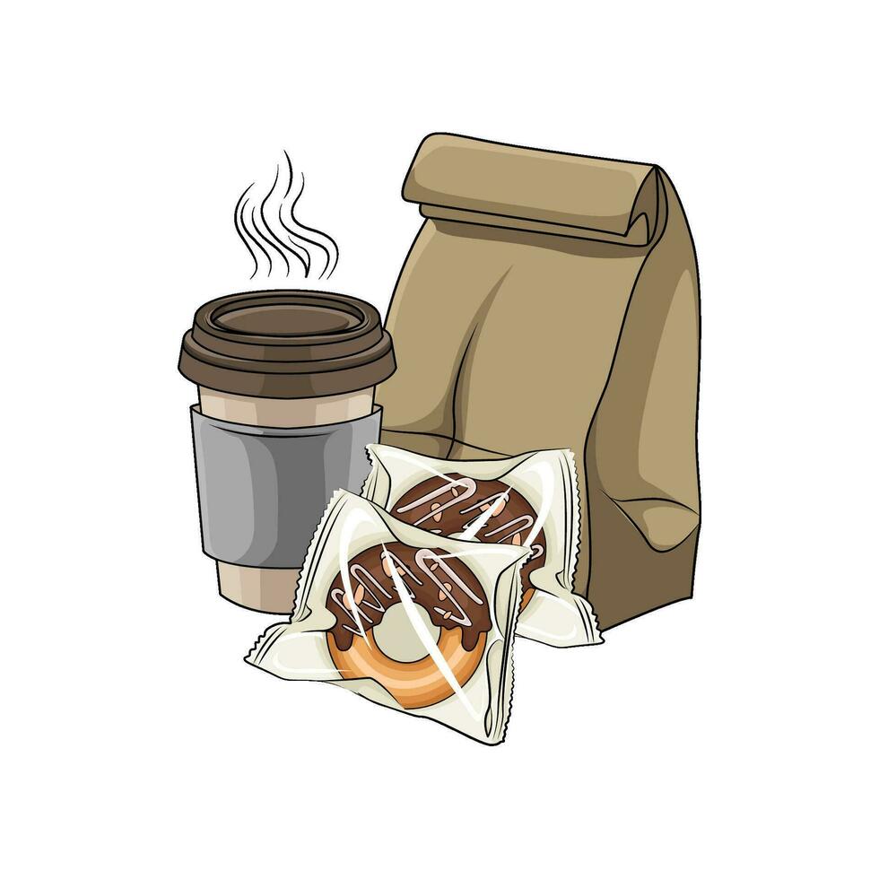 donut in plastic, pakket, kop drinken illustratie vector