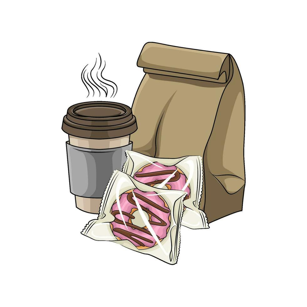 donut in plastic, pakket, kop drinken illustratie vector