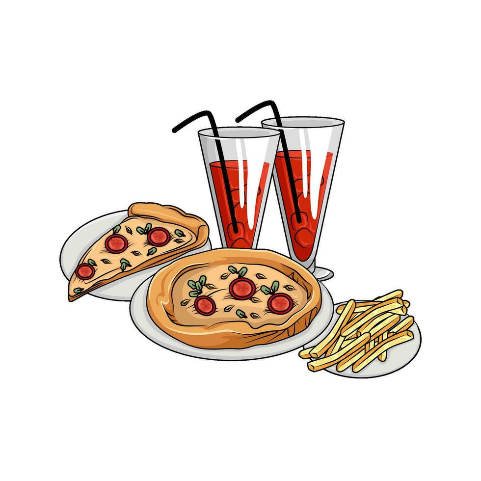 pizza, Frans Patat met glas drinken illustratie vector