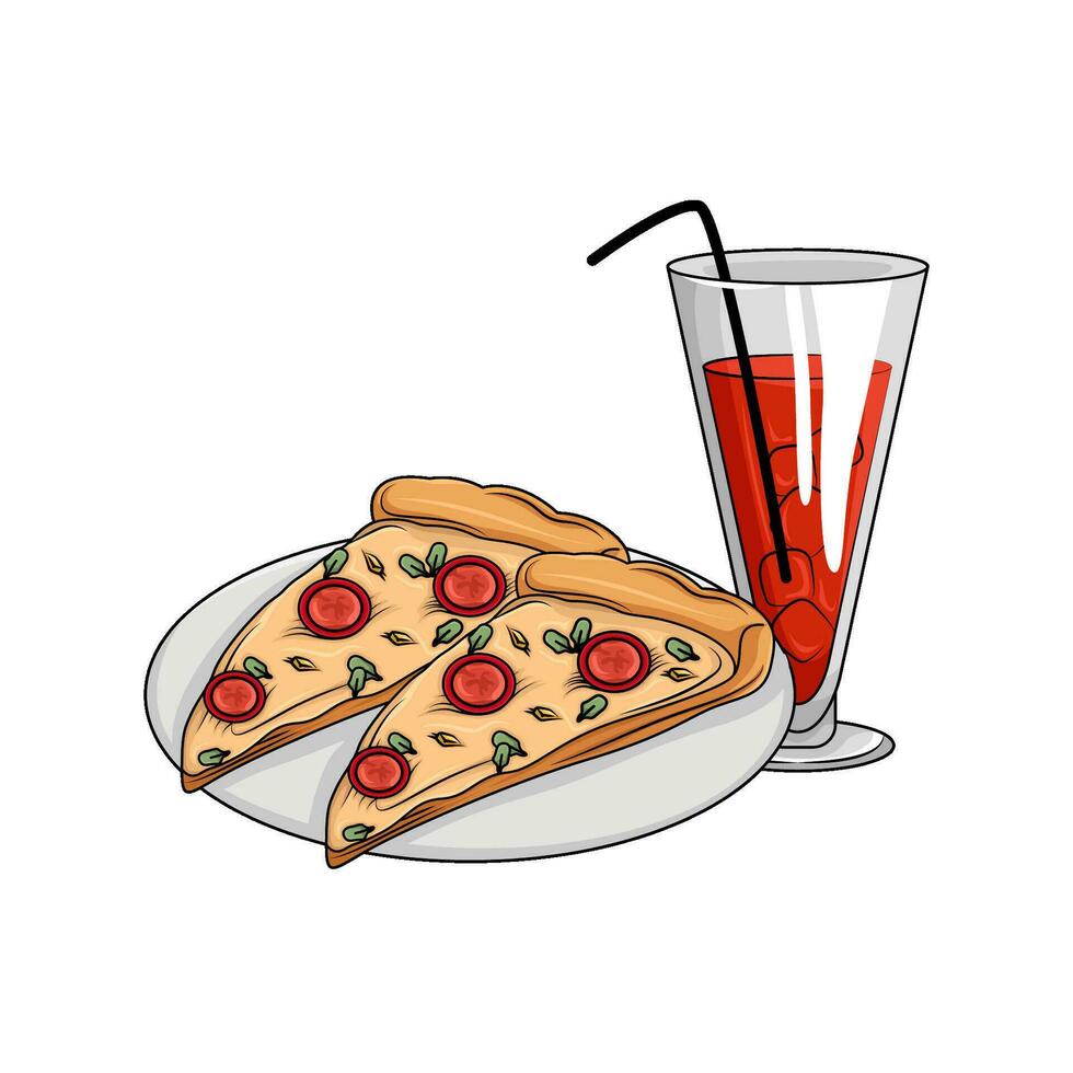 pizza peperoni plak in bord met drinken illustratie vector