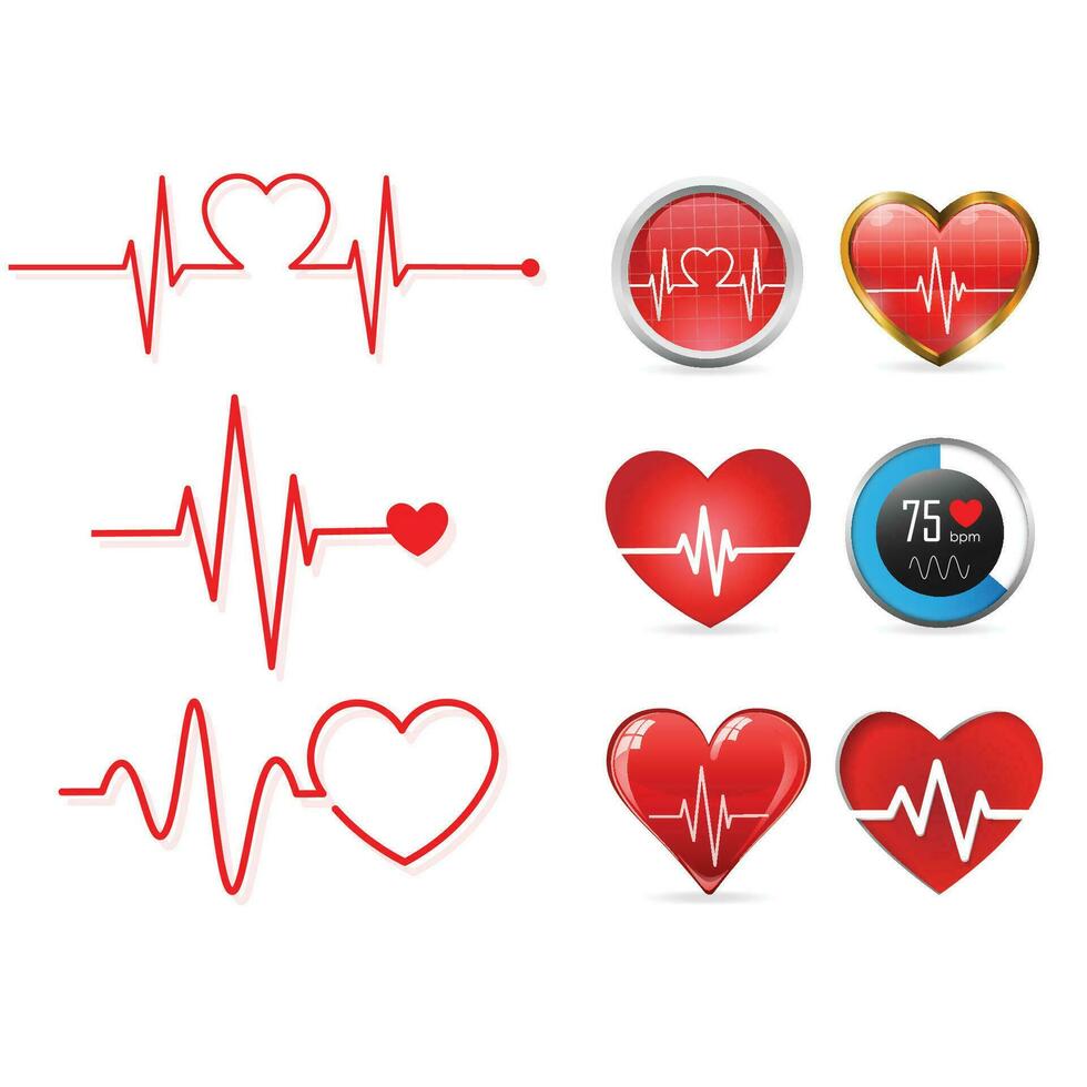 hartslag icoon reeks en elektrocardiogram, hart ritme concept, vector illustratie