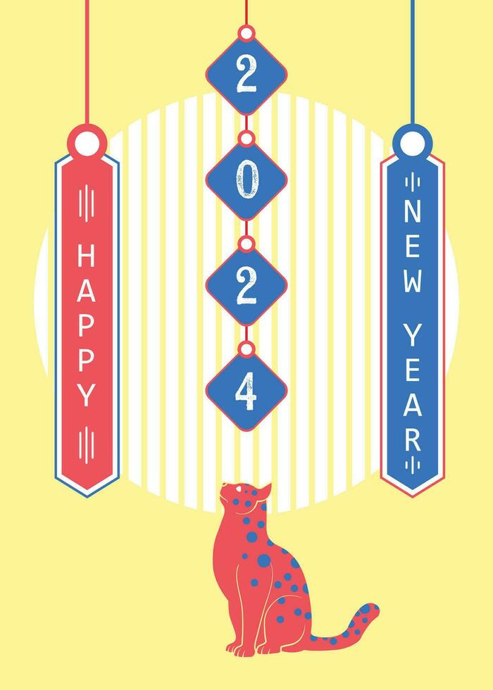 kat kijken omhoog 2024 nieuw jaar hangende mobiel pastel drie kleur thema voor viering en seizoen decoratie. minimalistisch modieus achtergronden voor branding, banier, omslag, kaart vector
