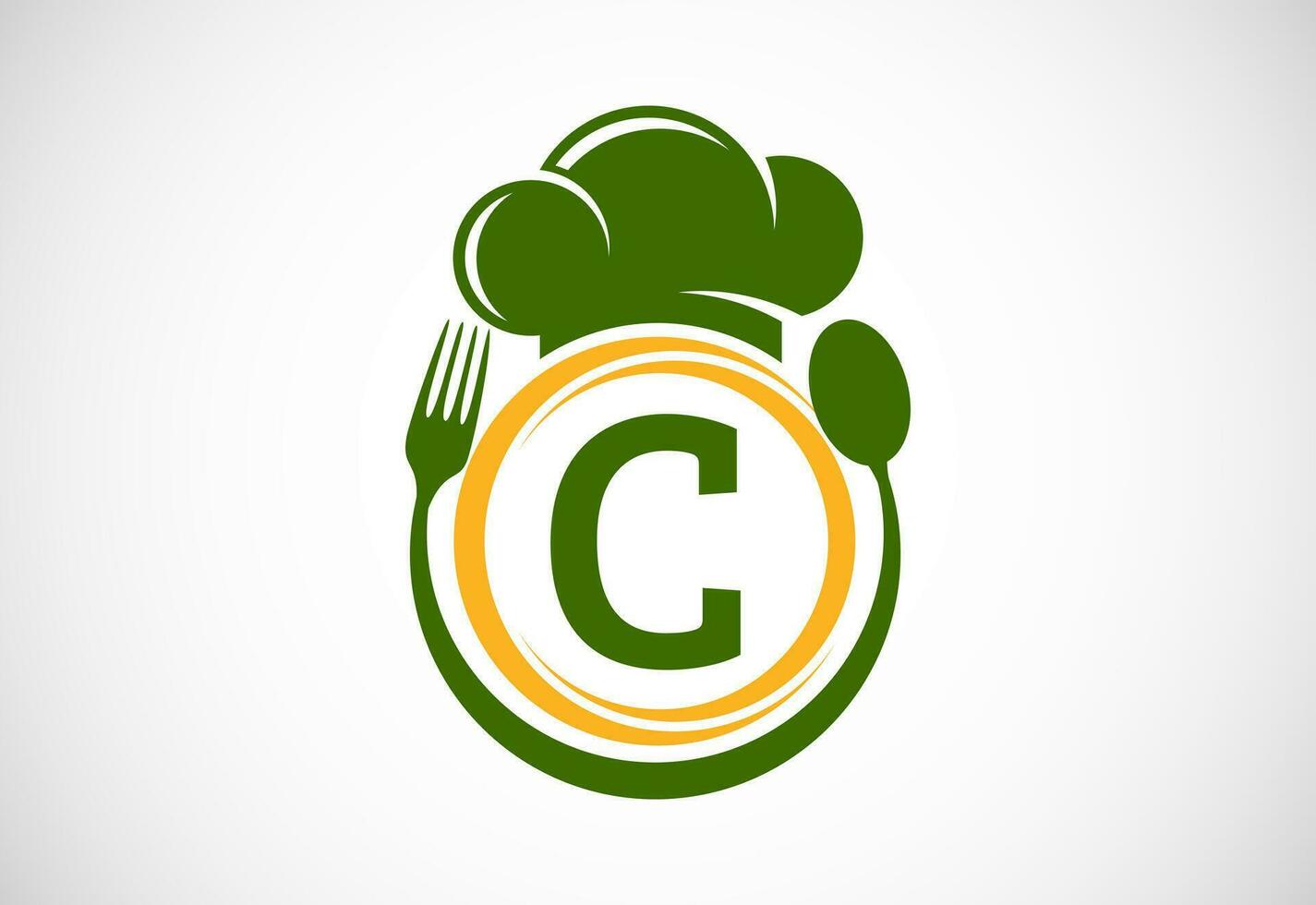 eerste alfabet c met chef hoed, lepel en vork. modern vector logo voor cafe, restaurant, Koken bedrijf, en bedrijf identiteit