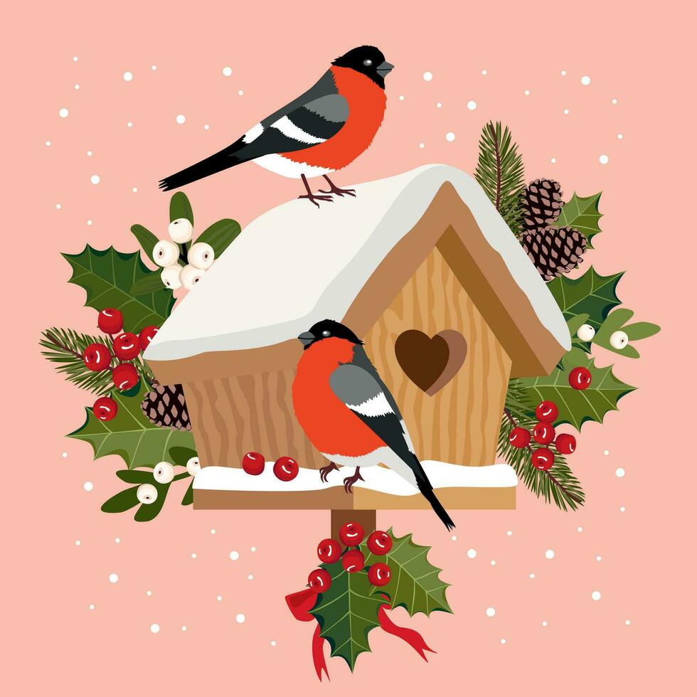 Kerstmis vogelhuisje met goudvink. hulst, maretak, net Afdeling met een winter vogelhuisje en een vogel. geïllustreerd vector clip art.