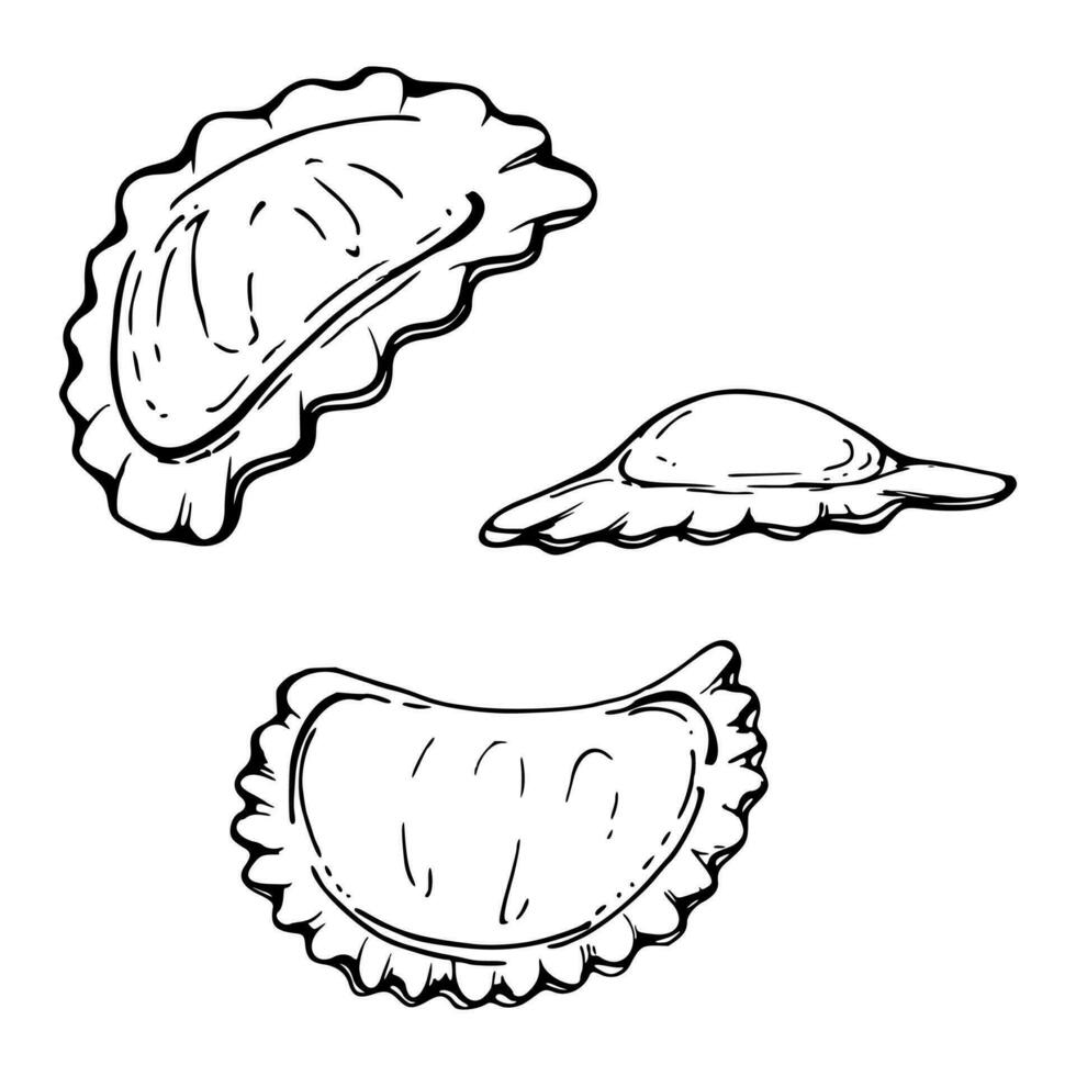 hand- getrokken vector inkt illustratie. ravioli pelmeni pierogi vareniki gyoza manti wonton gerecht. reeks van single voorwerp elementen geïsoleerd Aan wit. voor restaurant menu, voedsel winkel en pakket, folder, afdrukken.