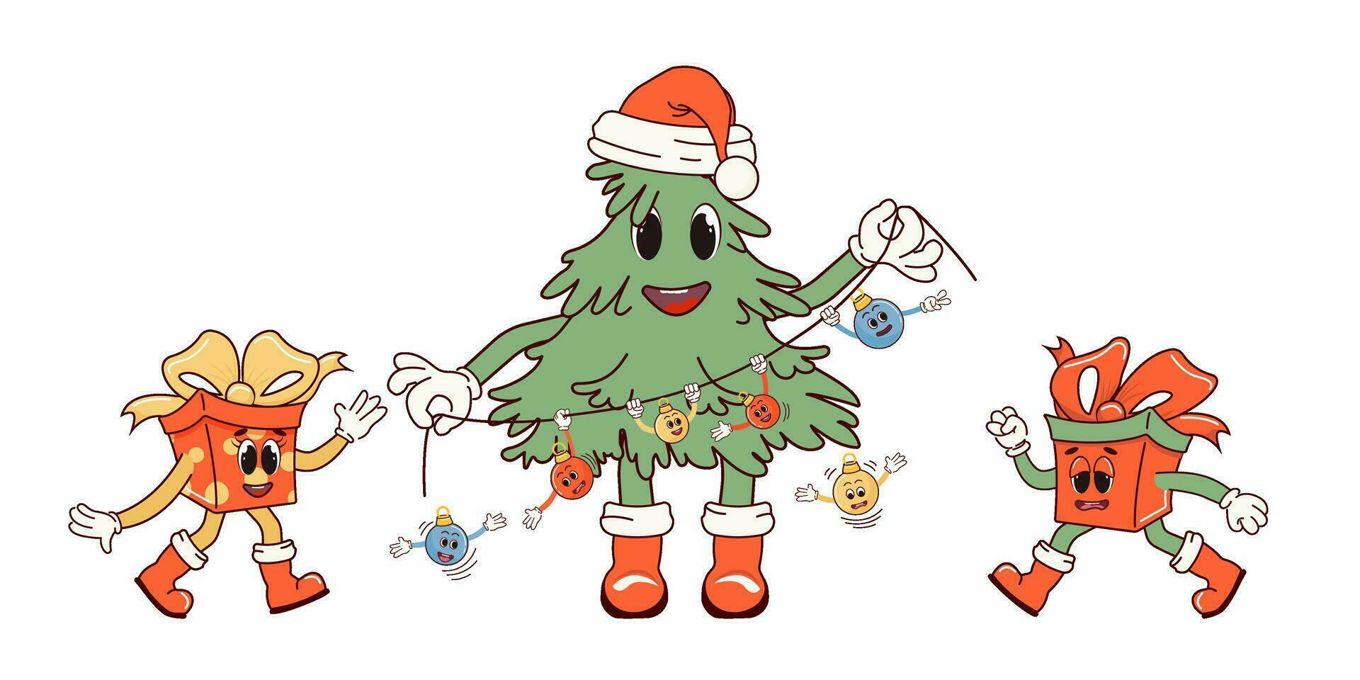 vrolijk, vrolijk geschenk dozen en Kerstmis boom. retro karakter in tekenfilm modieus groovy stijl. de atmosfeer is van de Jaren 60 en jaren 70. vrolijk Kerstmis en gelukkig nieuw jaar. vector