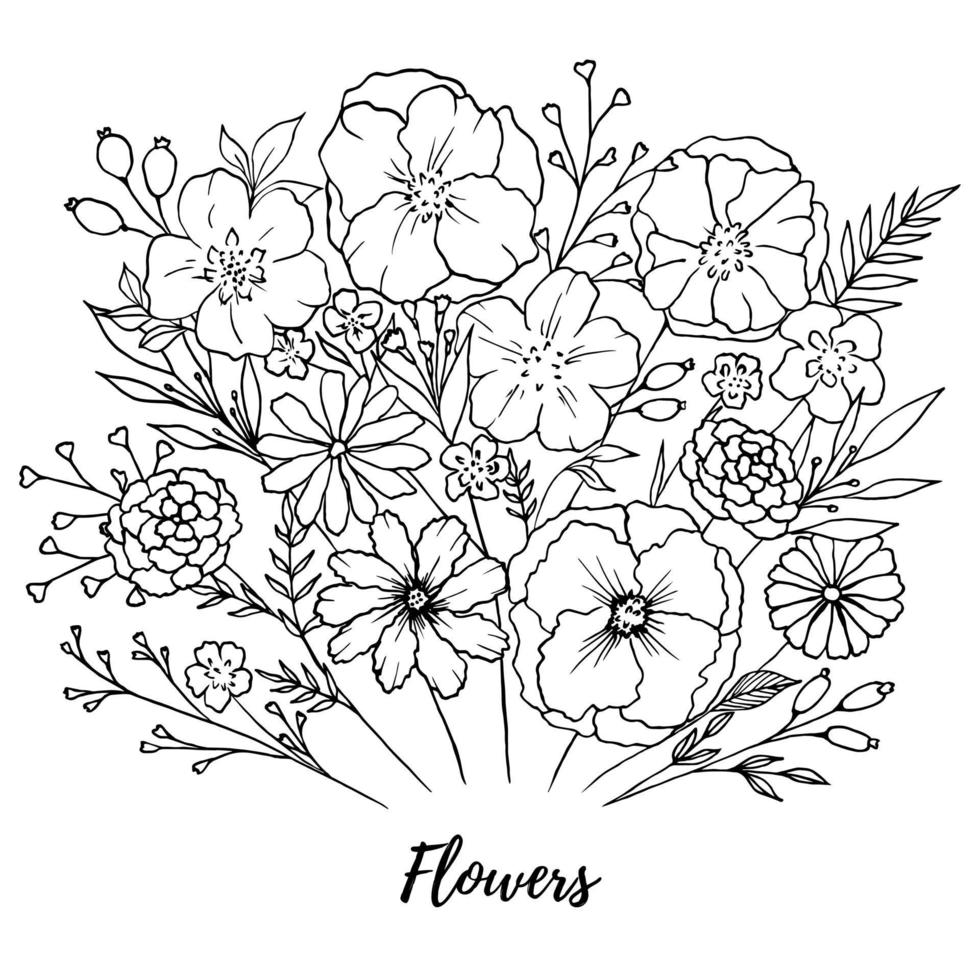 schets boeket verschillende bloemen. hand tekenen afdrukken. vector