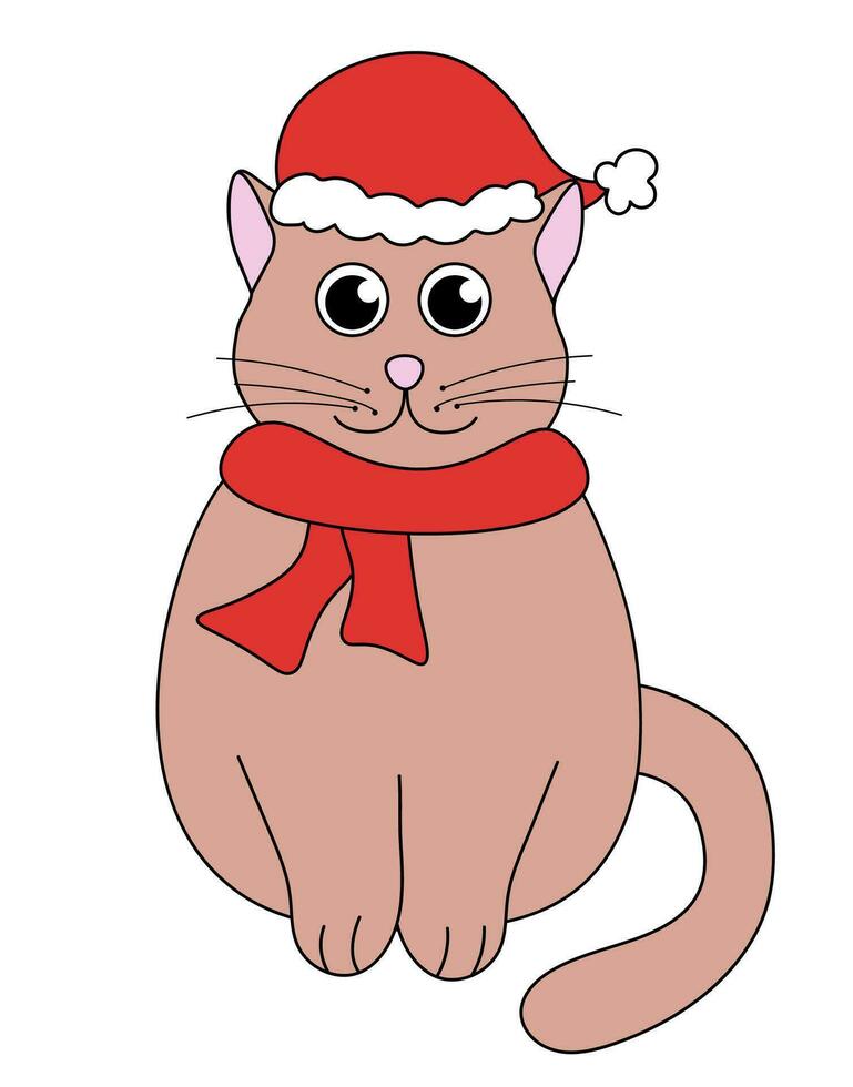 tekenfilm Kerstmis en nieuw jaar kat karakter. schattig katje met de kerstman hoed en sjaal. vector vlak illustratie.