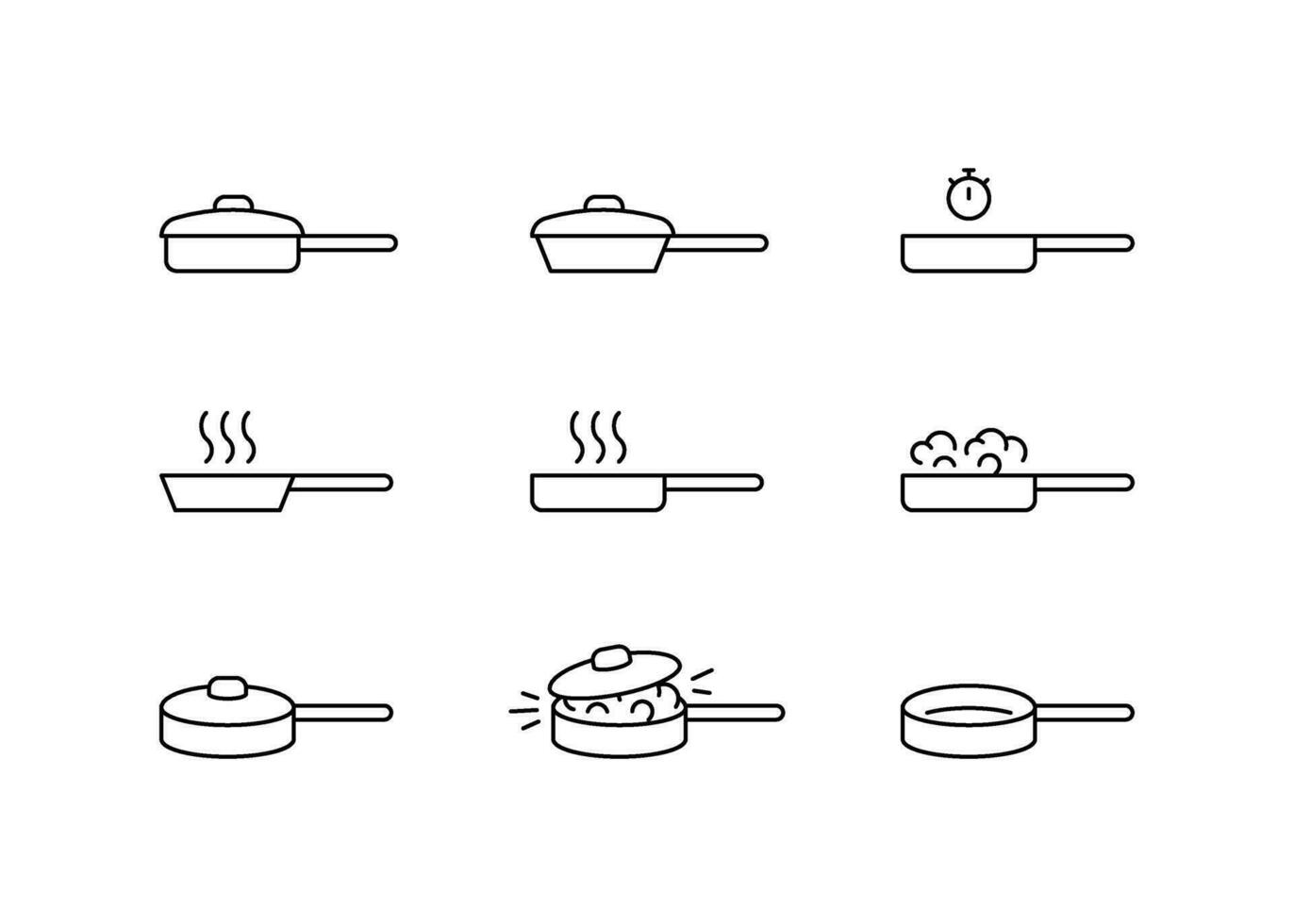 koekepan voor Koken Aan keuken, frituren pan keuken icoon lijn set. bak, stoofpot, fruiten koken voedsel. vector illustratie