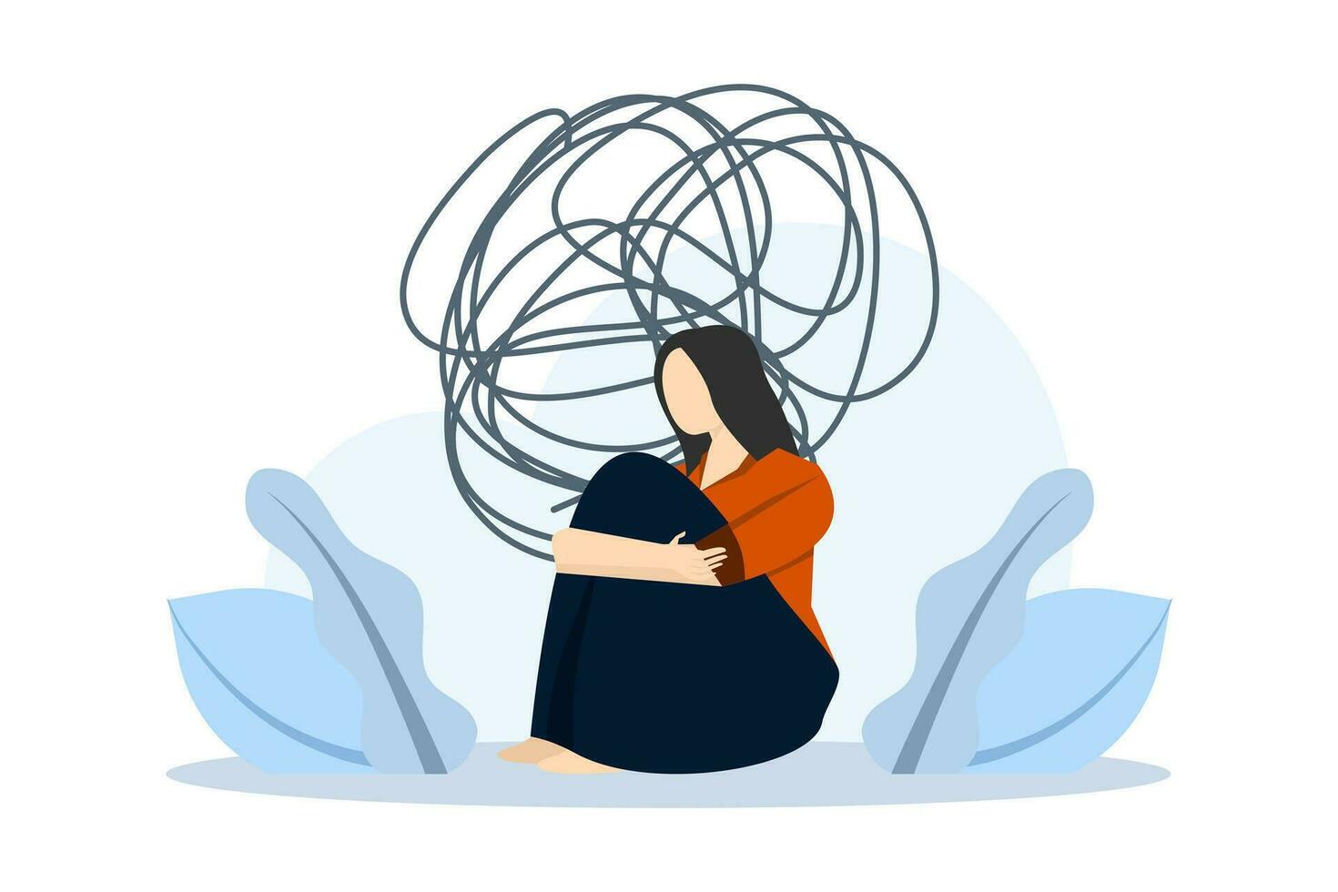 mentaal depressie concept. depressief persoon zittend Aan de vloer. mentaal Gezondheid en psychotherapie concept. ongerustheid, spanning, emotioneel uitputting en andere psychologisch problemen. vector illustratie.