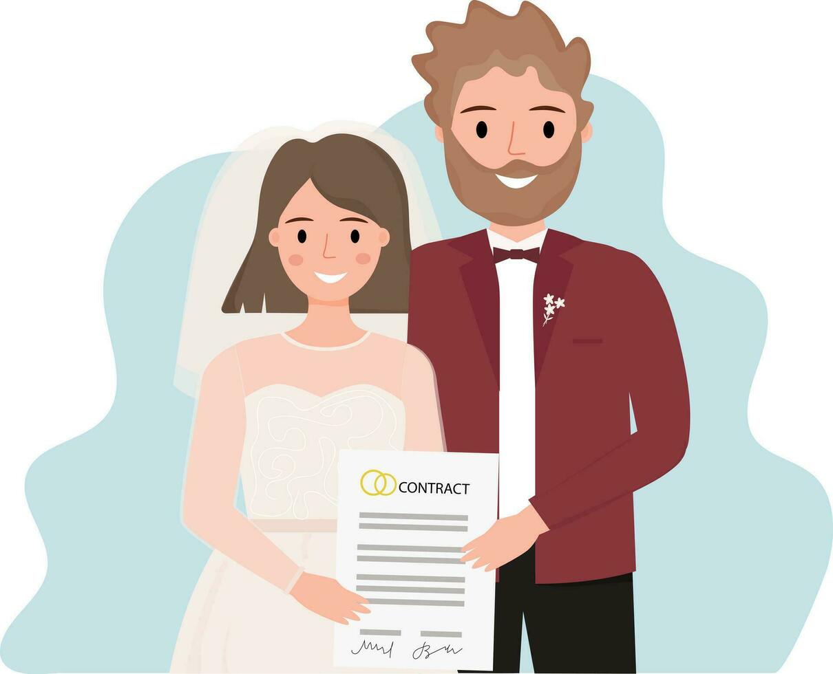 bruid en bruidegom Holding huwelijkse voorwaarden overeenkomst document. huwelijk contract concept. vector illustratie Aan wit achtergrond.