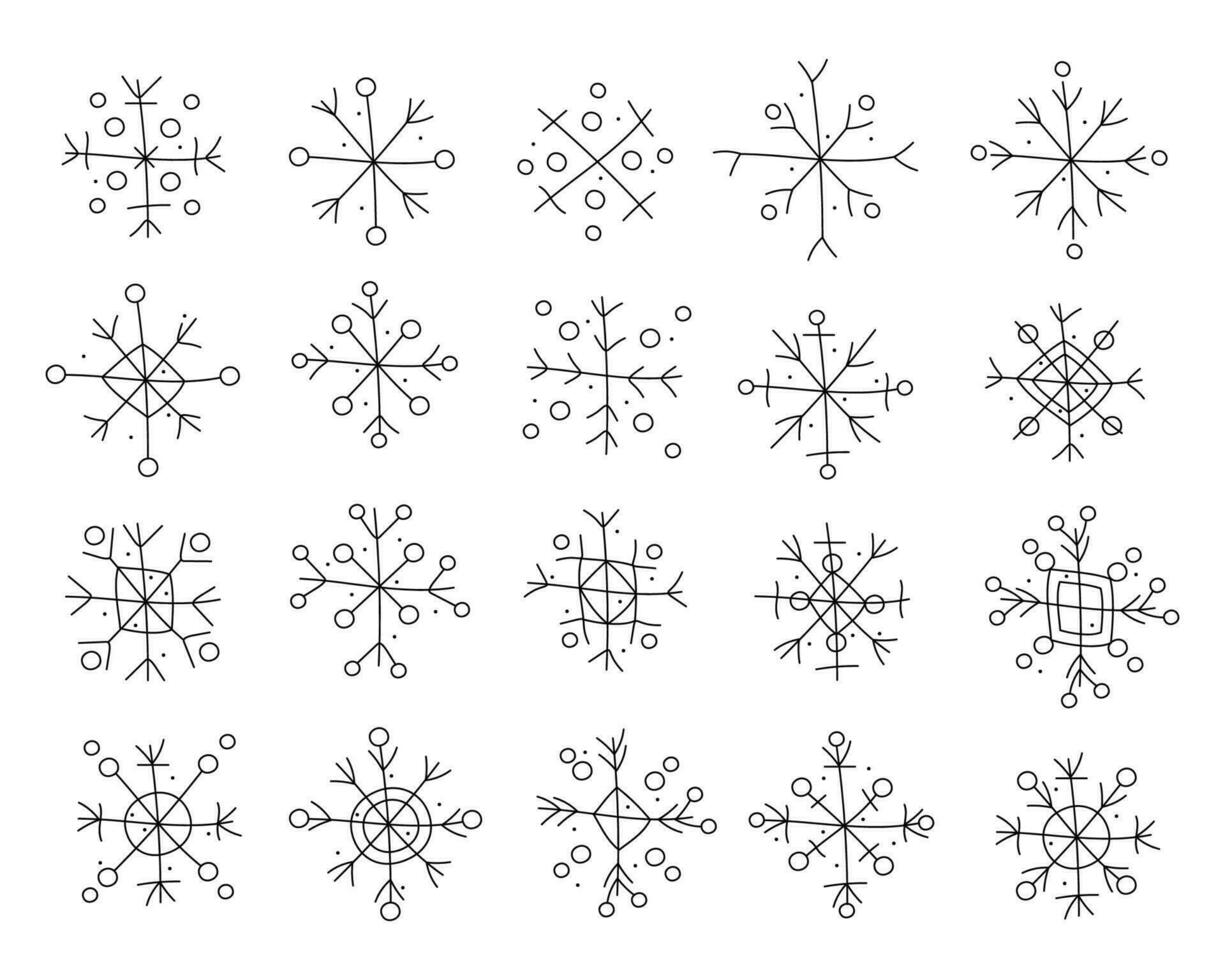 Kerstmis tekening reeks met verschillend types van sneeuwvlokken. vector zwart en wit clip art illustratie.