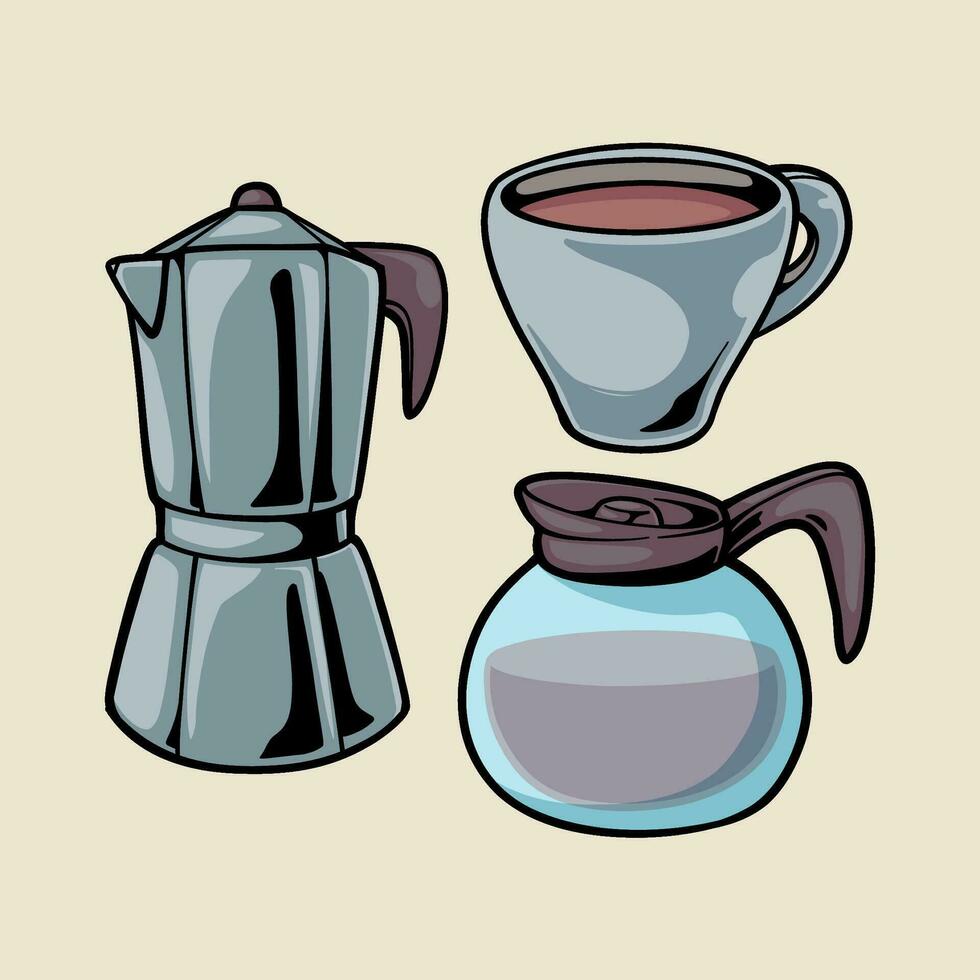 koffie drinken tekenfilm pot apparaten en ochtend- drank koffiezetapparaat vector