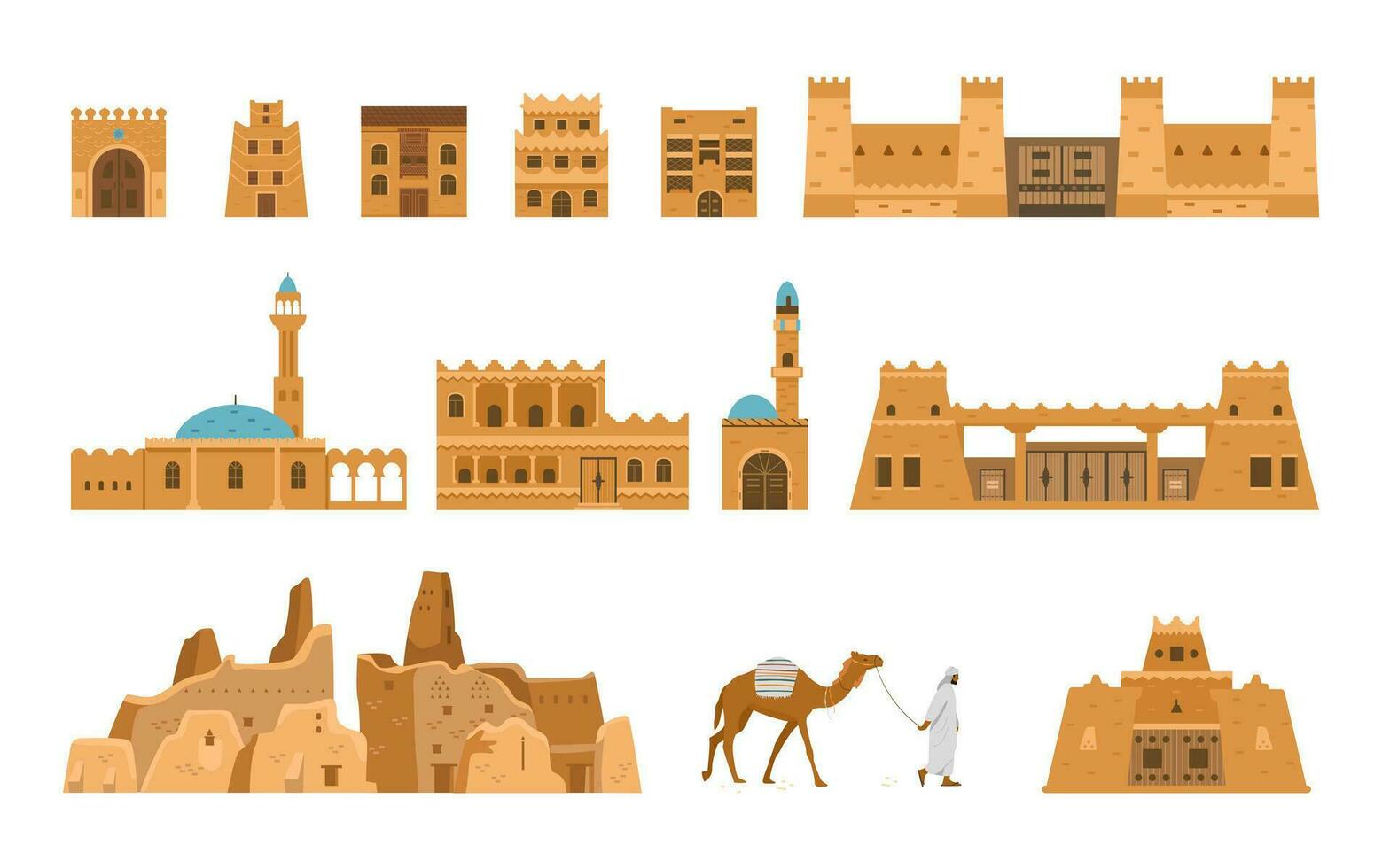 saudi Arabië authentiek architectuur vector illustraties set. traditioneel oude Arabisch huizen, dorp, poorten, moskee, bedoeïnen met kameel.