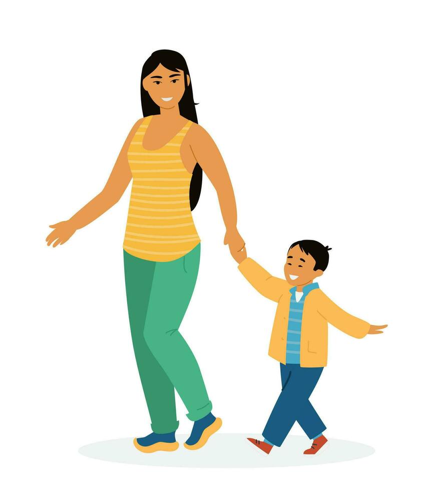 glimlachen Aziatisch vrouw wandelen met weinig jongen. moeder en zoon karakters. geïsoleerd Aan wit. vlak vector illustratie.