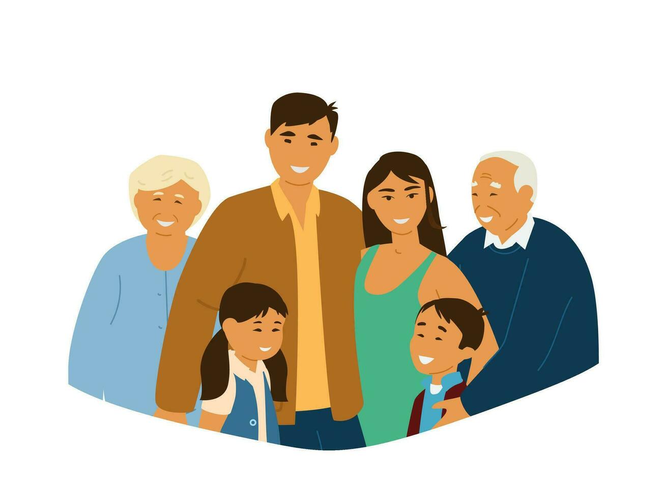 glimlachen Aziatisch familie portret. ouders, grootouders en kinderen. geïsoleerd Aan wit. Aziatisch karakters. vlak vector illustratie.
