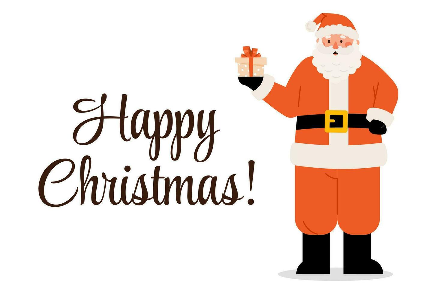 belettering gelukkig Kerstmis groet met de kerstman claus karakter met geschenk doos vector