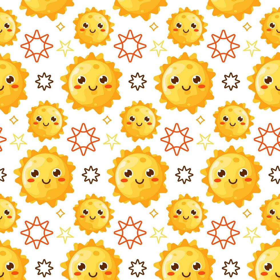 vector naadloos patroon met schattig glimlachen zon kawaii pictogrammen. lucht achtergrond voor kinderen mode, kinderkamer, baby douche Scandinavisch ontwerp