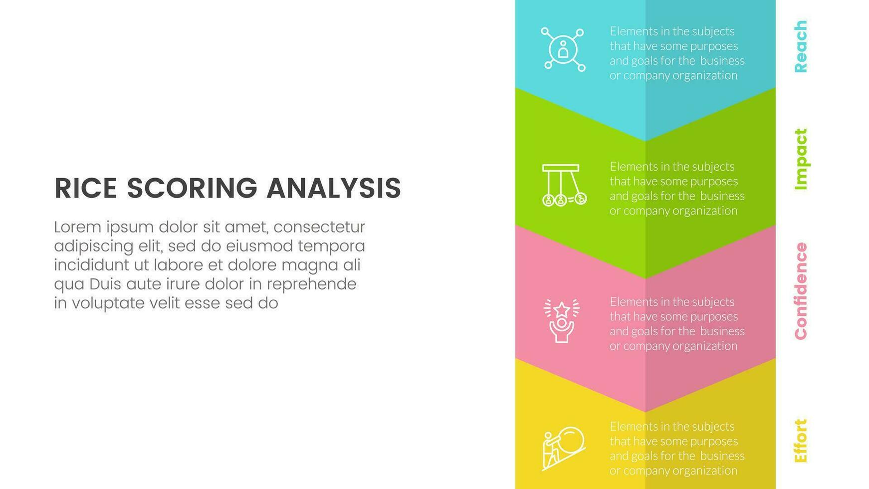 rijst- scoren model- kader prioritering infographic met groot verticaal pijl naar bodem richting met 4 punt concept voor glijbaan presentatie vector