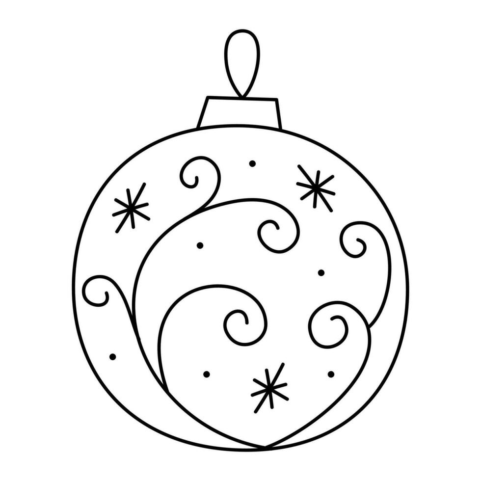 tekening Kerstmis bal met abstract patroon, cirkels en sneeuwvlokken. vector zwart en wit clip art illustratie.