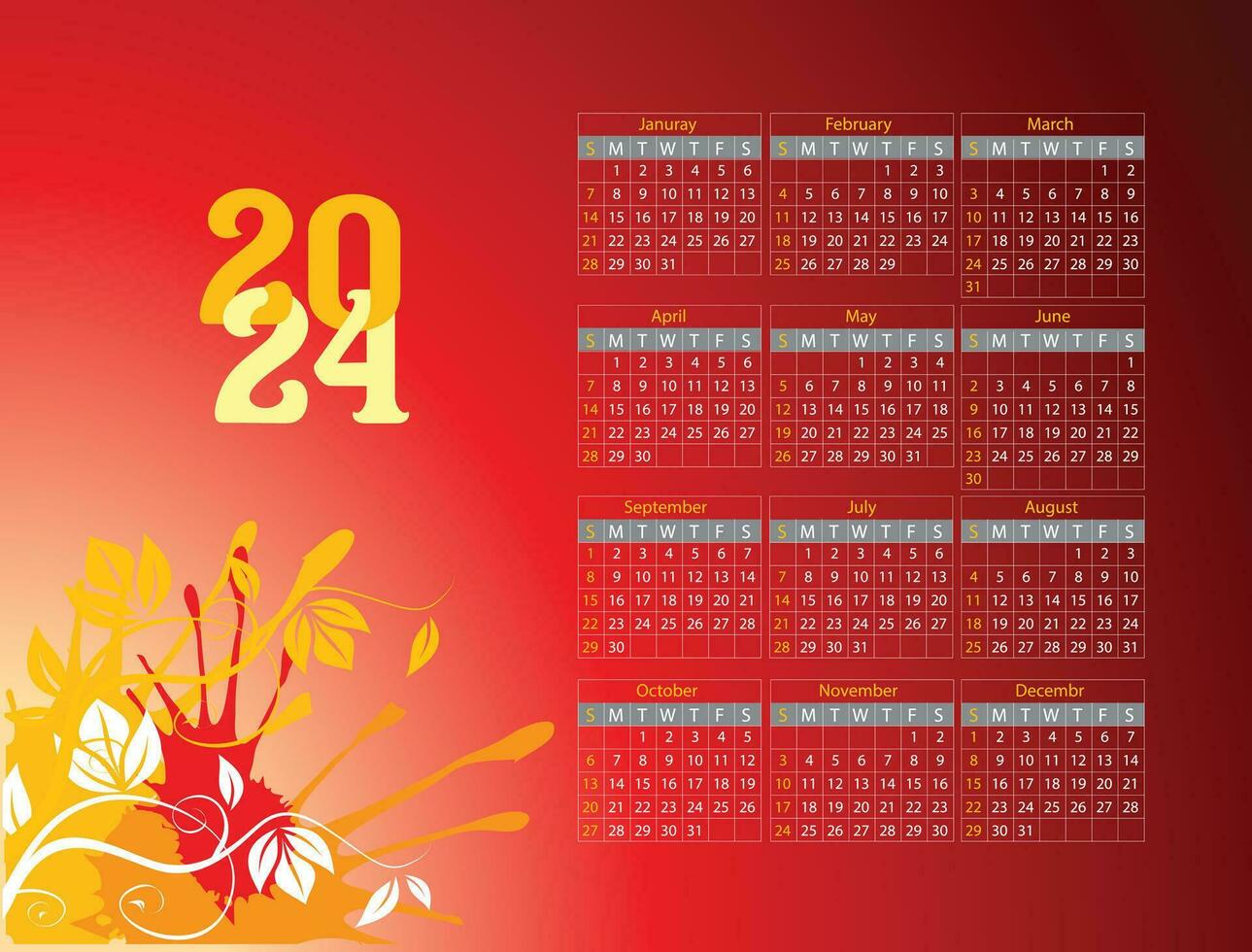 kalender 2024 sjabloon vector, gemakkelijk minimaal ontwerp, ontwerper 2024 jaar, muur kalender 2024 jaar, week begint zondag, reeks van 12 kalender, advertentie, afdrukken, briefpapier, organisatie kantoor vector