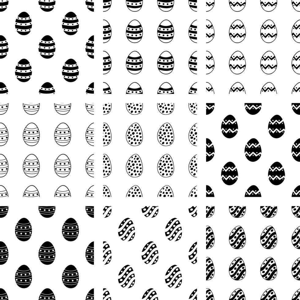 Pasen set van naadloze patronen van hand getrokken doodle eieren. vector