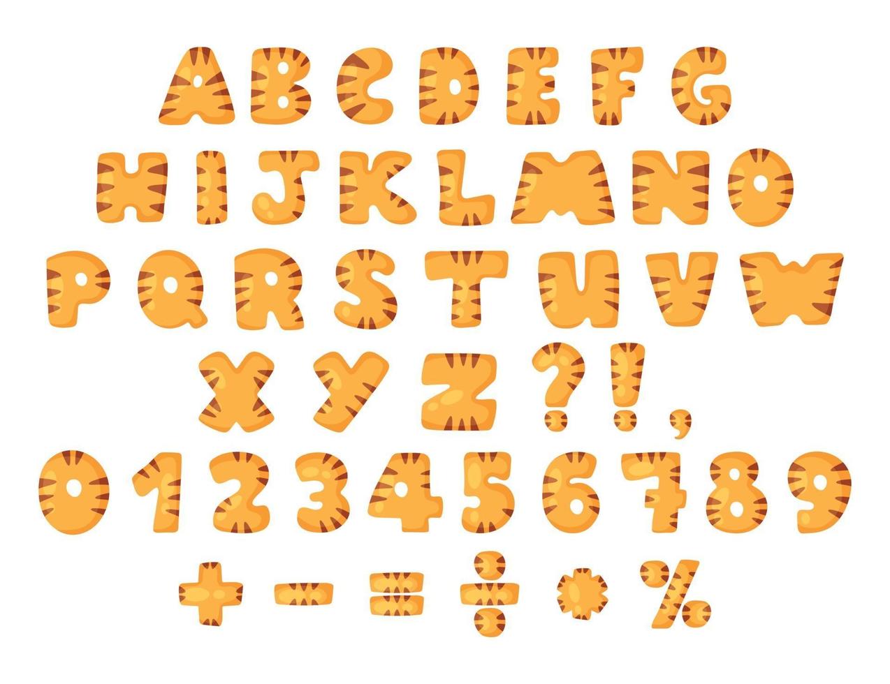 handgetekende cartoon Alfabetletters en cijfers ingesteld met tijgerpatroon vector