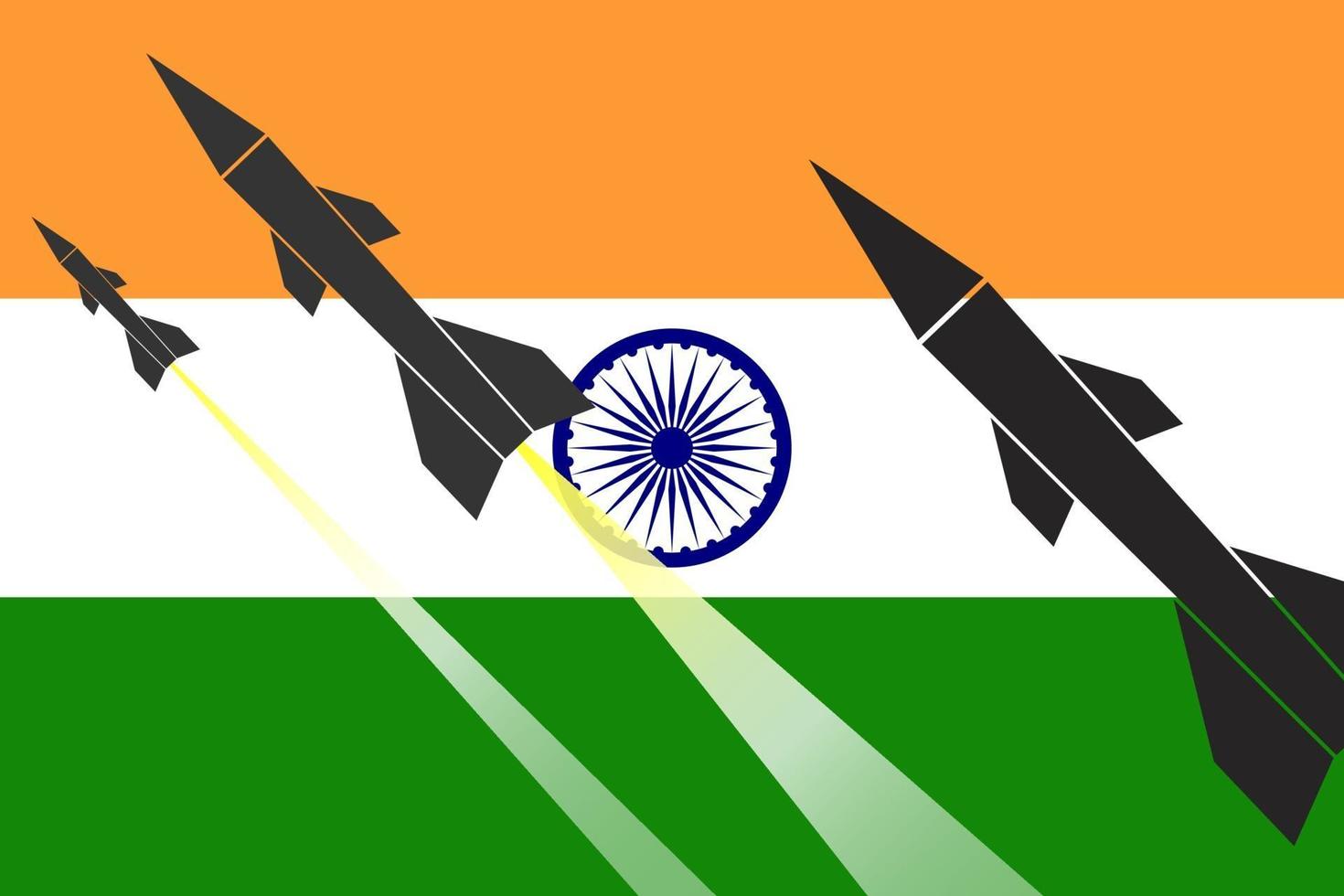 illustratie van het afvuren van raketten op de achtergrond van de vlag van india. vector