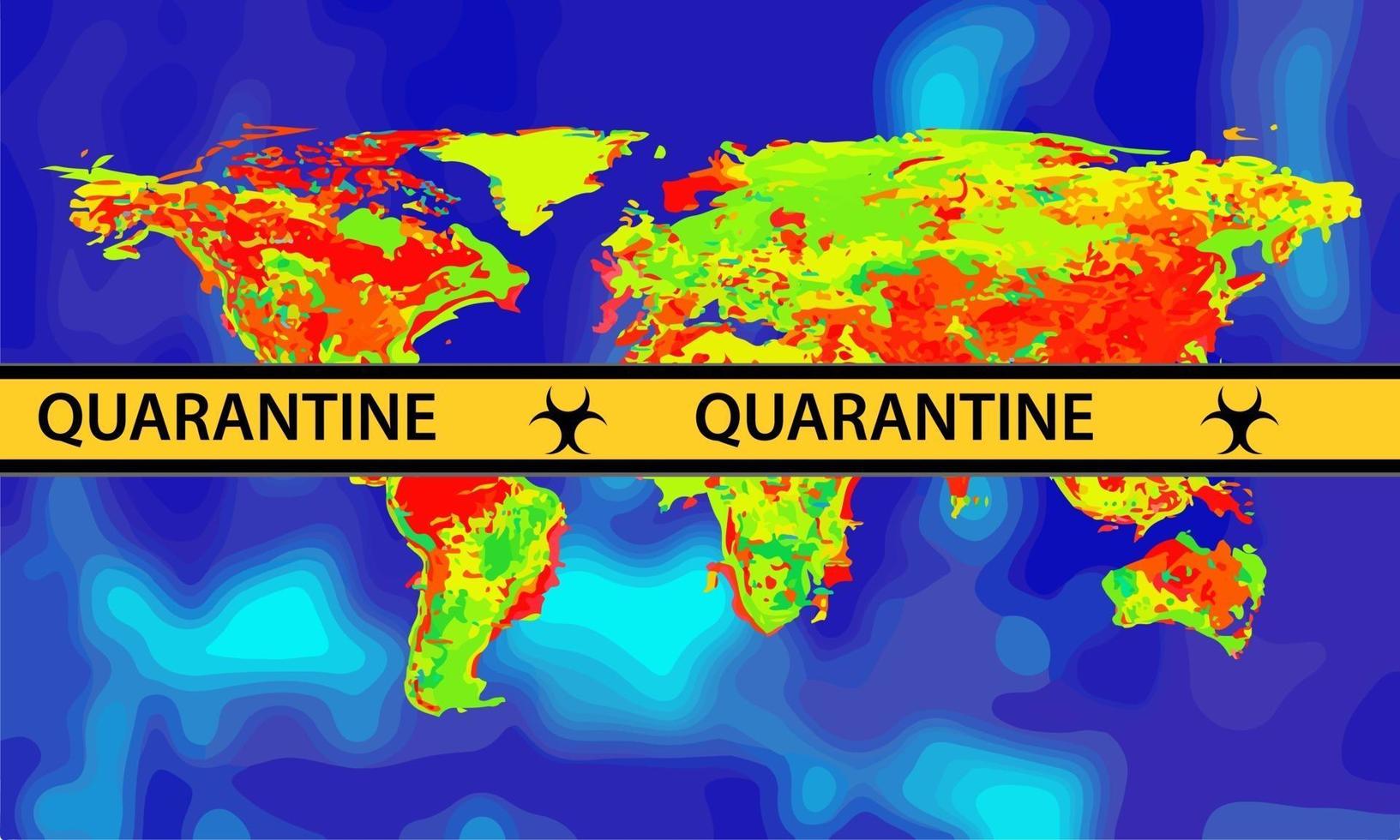 gele quarantainetape op wereldkaart met infrarood visueel warmte-effect. vector