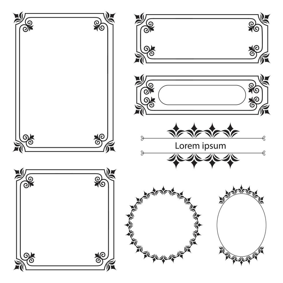 reeks van decoratief wijnoogst kaders en grenzen. bloemen sier- kader. kalligrafische kader en bladzijde decoratie. vector illustratie