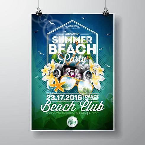 Vector zomer Beach Party Flyer Design met typografische en muziek elementen