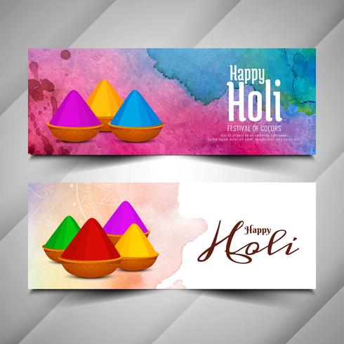 Abstracte Happy Holi kleurrijke banners instellen vector