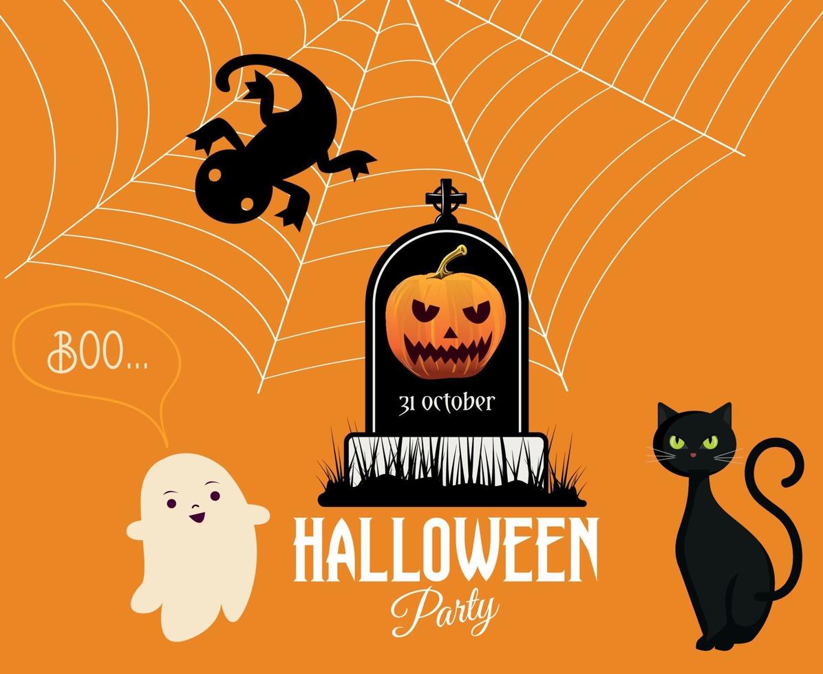 happy halloween vector trick or treat met pompoenkat en spook