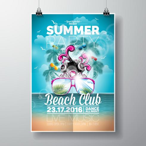 Vector zomer Beach Party Flyer Design met typografische en muziek elementen