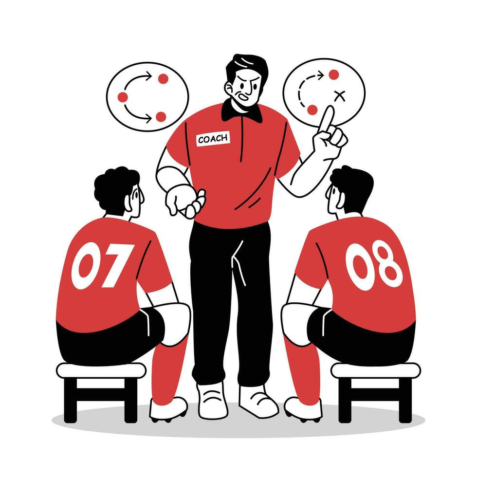voetbal trainer strategiseren met team vector tekenfilm illustratie