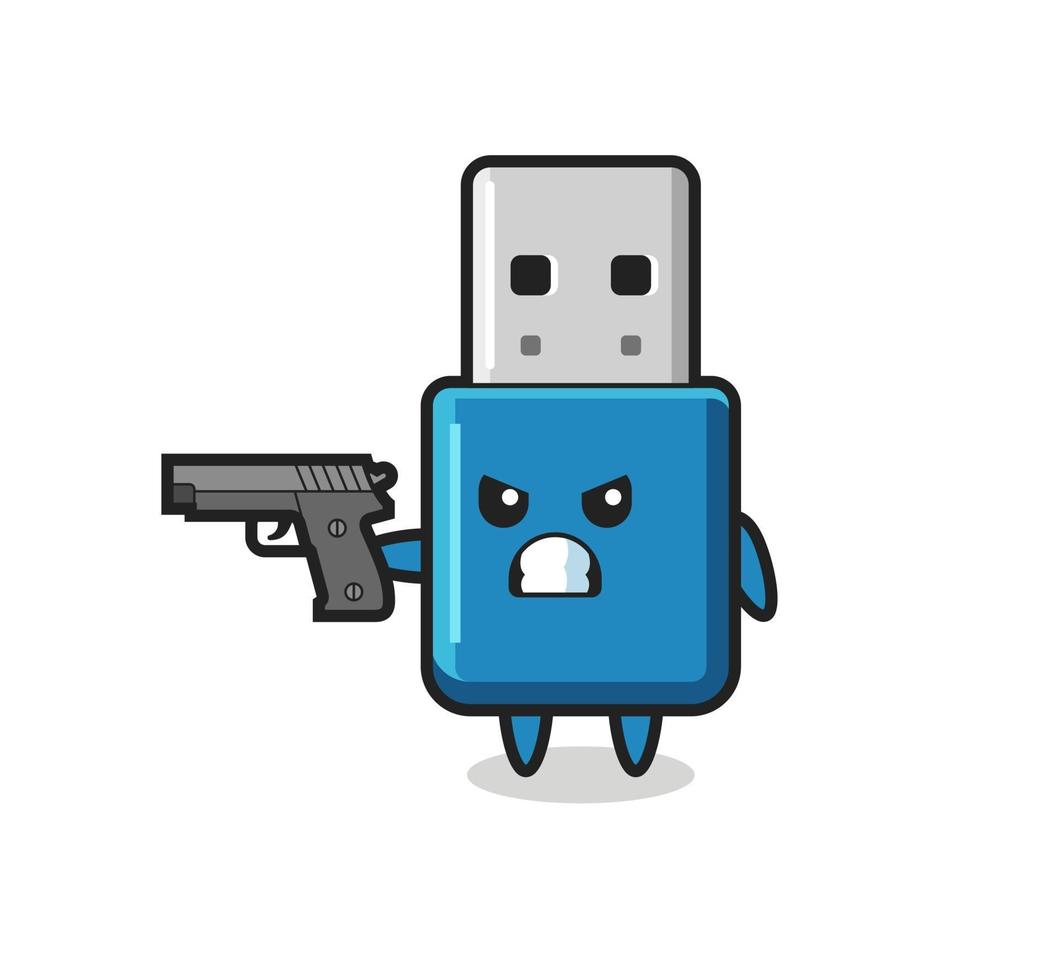 de schattige flash drive usb karakter schieten met een pistool vector