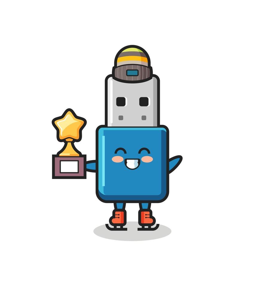 flash drive usb cartoon als schaatser winnaar trofee houden vector