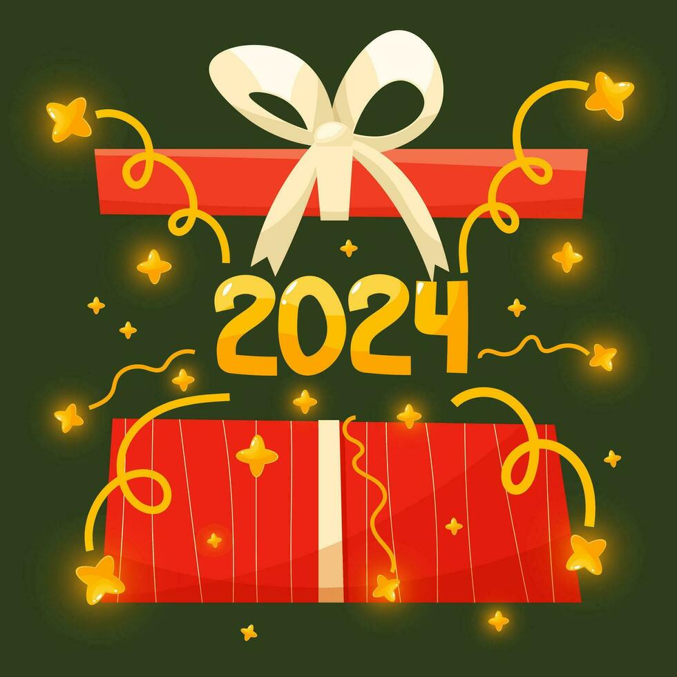 vector vakantie illustratie met 2024 logo tekst ontwerp, rood geschenk doos, en schijnend gouden sterren, feestelijk vuurwerk Aan groen achtergrond. typografie poster, banier of groet kaart voor gelukkig nieuw jaar.