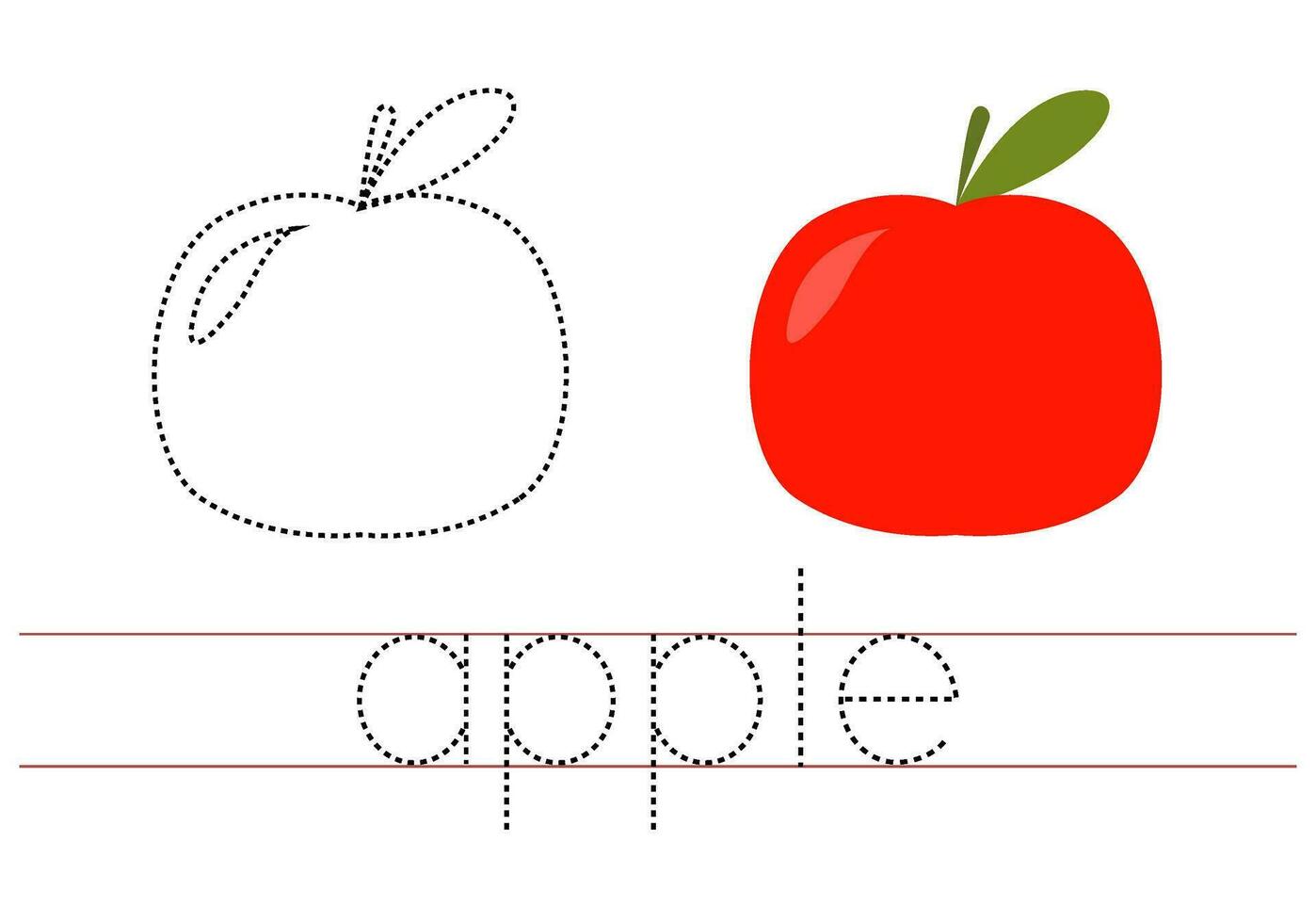 spoor woord appel. Engels werkblad voor kinderen. tekenfilm kleurrijk appel. vector