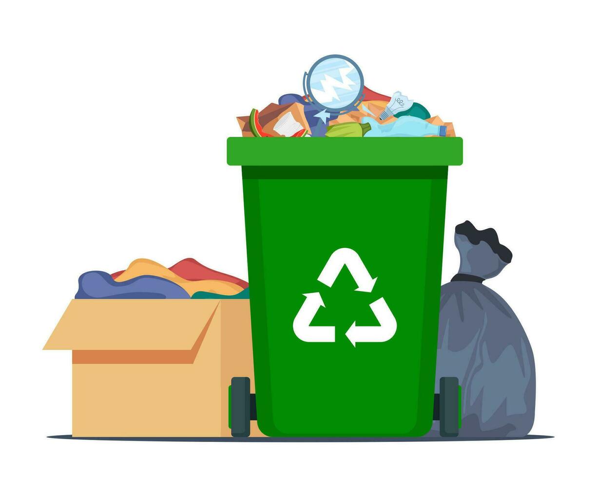 vol vuilnis bak, zwart plastic uitschot tas, papier doos met afval. overlopend recycling houder met afval. groen recycle kan. straat dump vervuiling, prullenbak mand. vector illustratie.