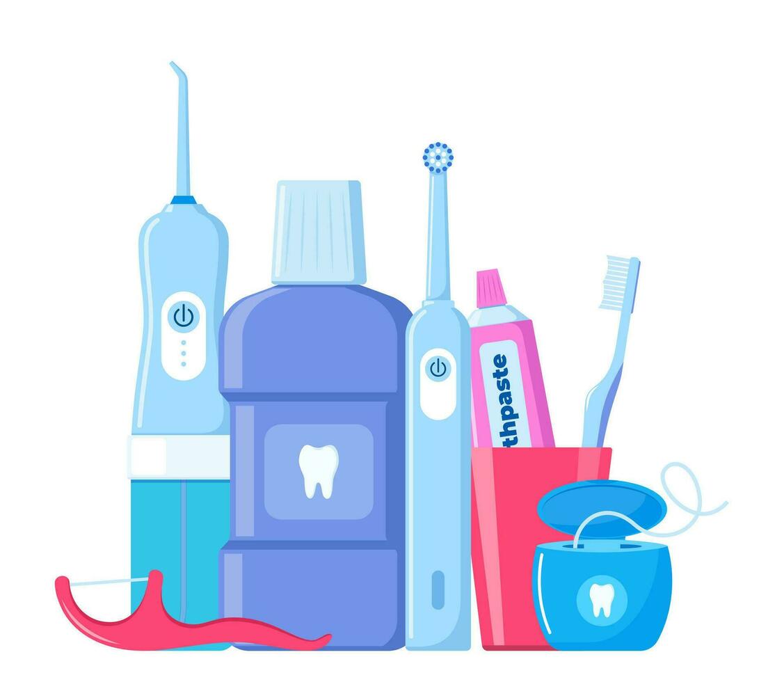 tandheelkundig schoonmaak hulpmiddelen. mondeling zorg en hygiëne producten. tandenborstel, tandpasta, mondwater, floss tandenstoker, tandheelkundig flossen, tandheelkundig irrigator. poetsen tanden. vector illustratie.