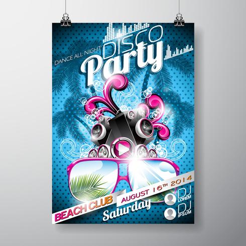 Vector Disco Party Flyer Design met luidsprekers en zonnebril op blauwe achtergrond.