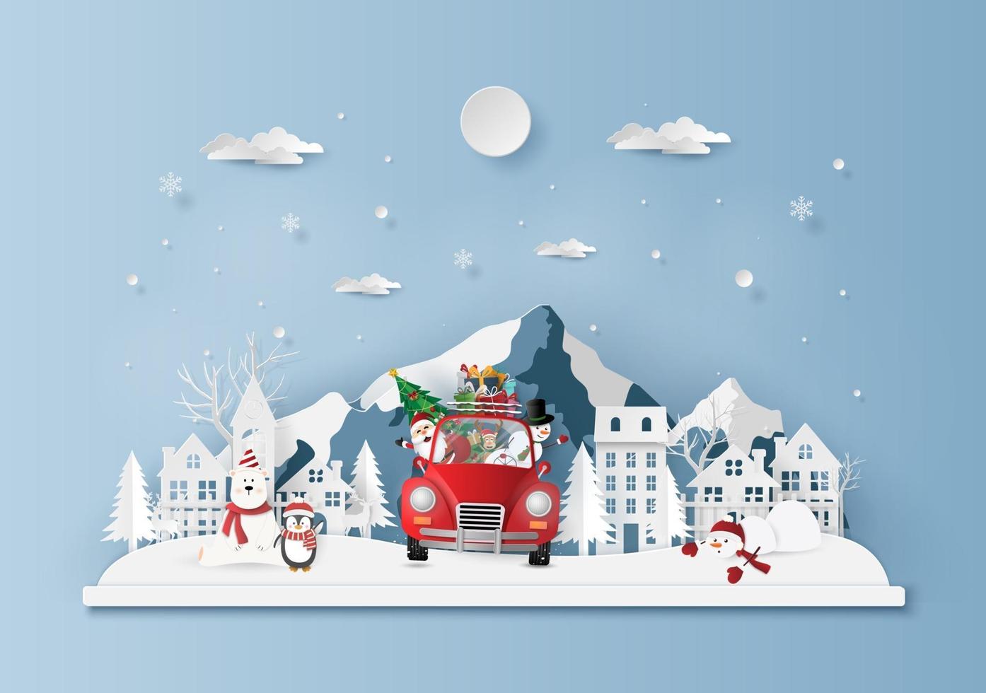 kerst rode auto in het dorp, vrolijk kerstfeest vector