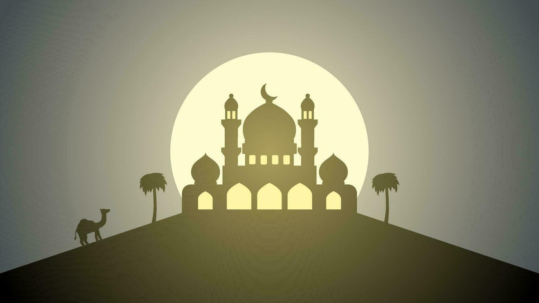 moskee silhouet landschap vector illustratie. Ramadan landschap ontwerp grafisch in moslim cultuur en Islam geloof. moskee panorama voor illustratie, achtergrond of behang