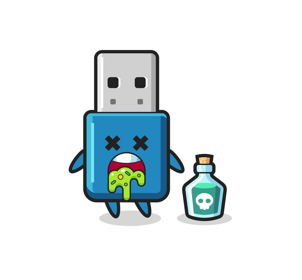 illustratie van een USB-karakter van een flashstation dat braakt als gevolg van vergiftiging vector
