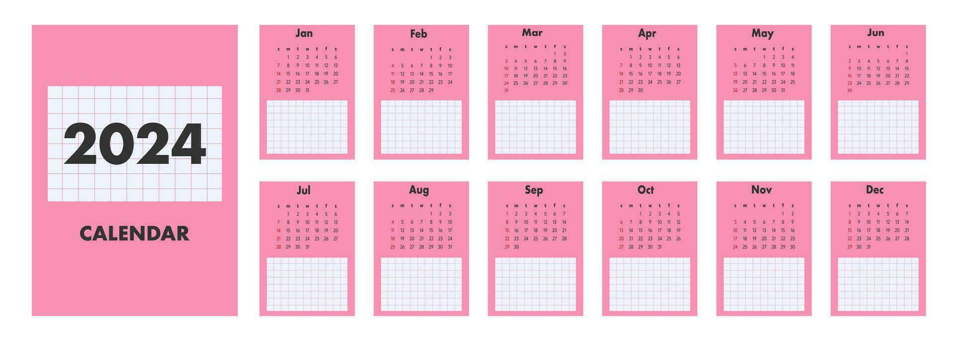 maandelijks kalender sjabloon voor 2024. begint Aan zondag. vector