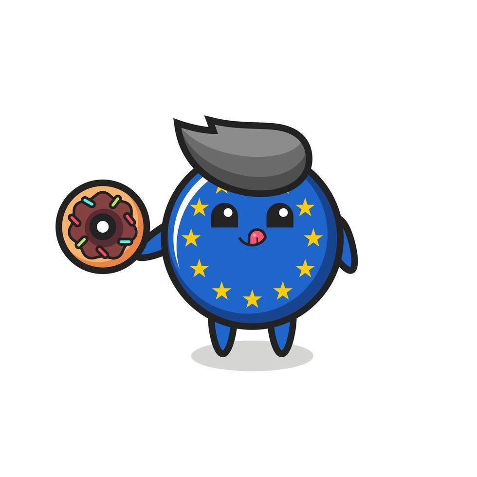 illustratie van een karakter met een europese vlag die een donut eet vector