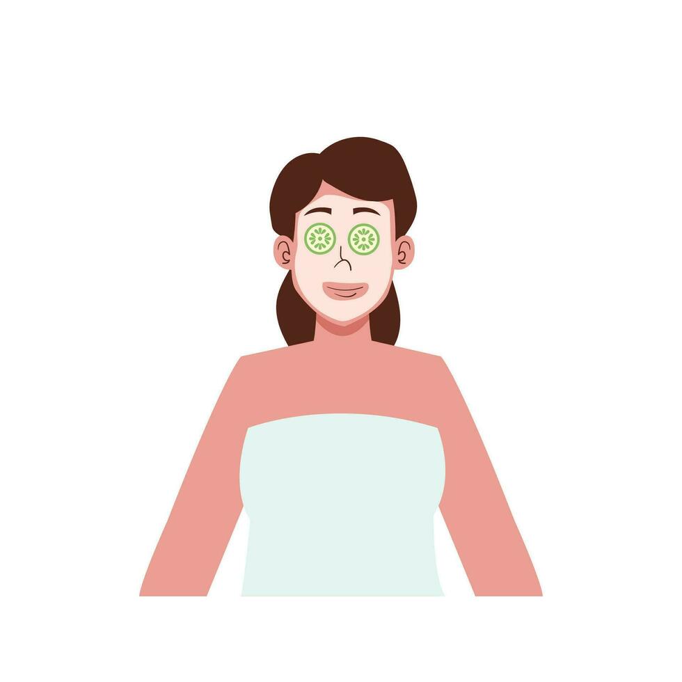 schoonheid vrouw kom tot rust met gezicht masker huidsverzorging routine- met handdoek Bij lichaam Bij spa huid behandeling illustratie vector