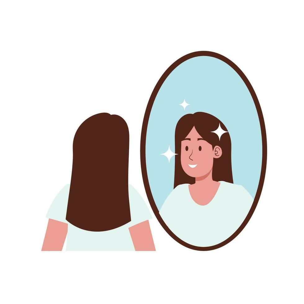 schoonheid vrouw gelukkig met haar gezicht Bij spiegel zelfverzekerd met schoonheid behandeling resultaat illustratie vector